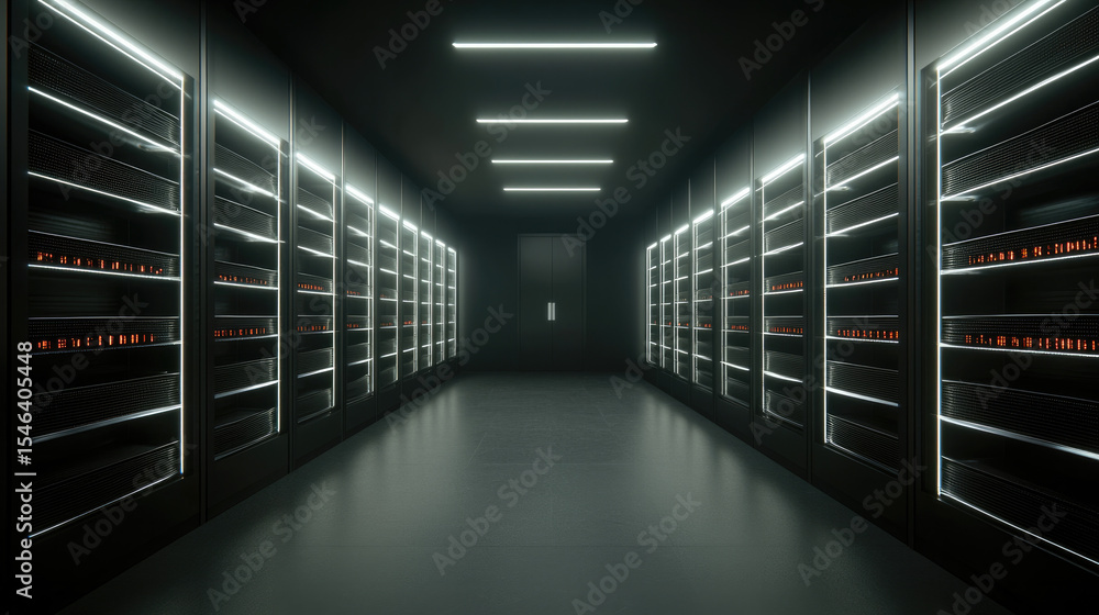 Poster modern server room with glowing led lights, advanced data center technology, and sleek black cabinet