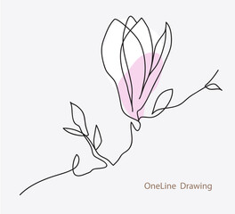 Abstract one line drawing. Decorative diagonal ornament with pink magnolia, stem and leaves. Beautiful blossoming hand drawn flower on gray. Vector stock illustration.