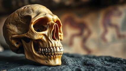 Close-up of Neanderthal skull replica on dark stone surface with cave paintings, prehistoric human evolution concept, anthropology and paleontology study.