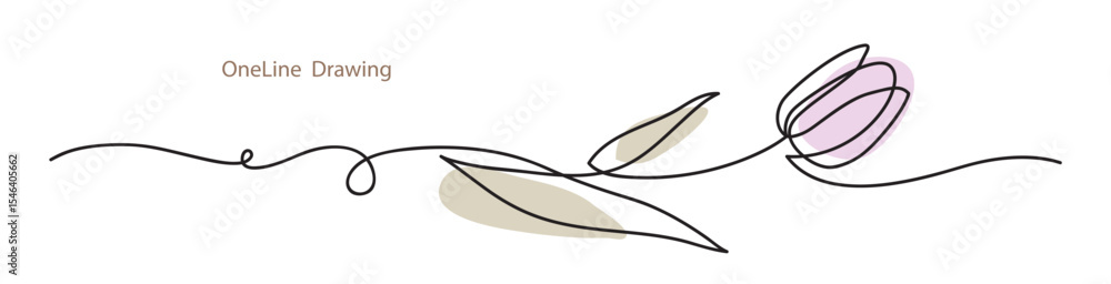 Aufkleber abstract one line drawing. decorative horizontal ornament with pink tulip and leaf. beautiful blosso