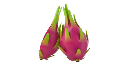 Two vibrant dragon fruits with pink skin and green tips, showcasing their unique and exotic...