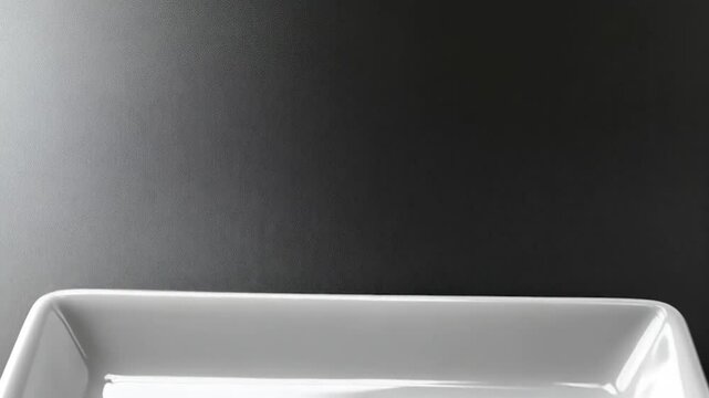 Empty rectangular white dish on dark background