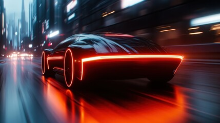 A sleek, futuristic car speeds through a neon-lit cityscape at night, leaving glowing light trails and illustrating speed and innovation in modern automotive design.