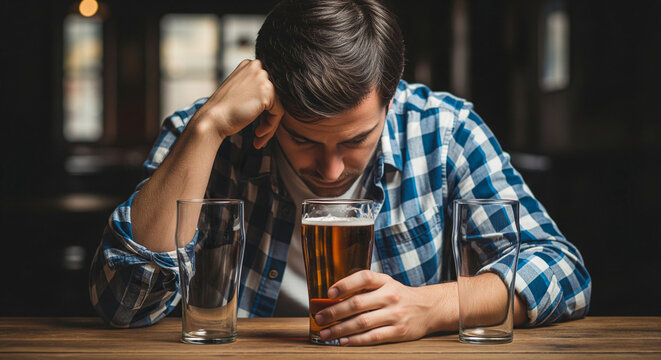 Man in plaid shirt sits at wooden table, head down, holding beer glass, two empty glasses nearby, suggesting loneliness or sadness