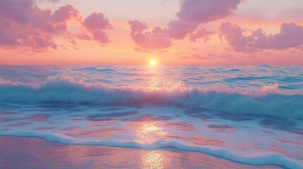 Fototapeta premium Pastel Sunset Beach Waves, Coastal Scene