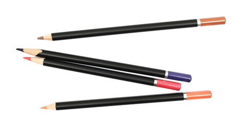 colorful  wooden crayons isolated on white, top view	