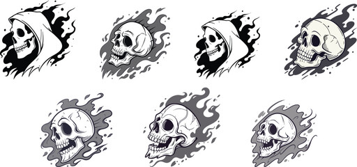 Obraz premium human skull head with splash black and white design set vector illustration