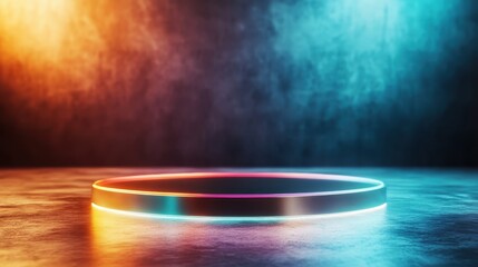 A visually striking circular stage illuminated with colorful lighting in a dark setting, creating an atmosphere ready for an electrifying performance, drawing the viewer's attention.