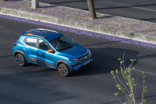 Blue renault kiger driving on asphalt road with fallen jacaranda flowers
