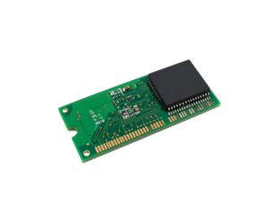 High-resolution image of a printed circuit board component with memory chip and green substrate design