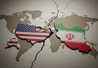 A torn paper map with U.S. flag on one fragment and Iranian flag on the other, symbolizing fractured diplomacy