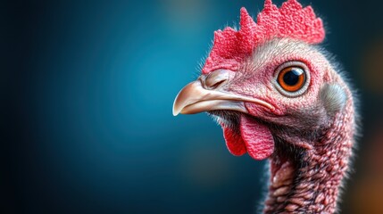 A striking close-up of a turkey with vivid features and a colorful background, highlighting the animal's unique characteristics and evoking a sense of curiosity.