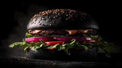 Mystical Midnight-Themed Burger Featuring Subtle Dark Hues, Toasted Sesame, Layered Gardenfresh Vegetables and Umami-Rich Meat for Artistic Culinary Mastery