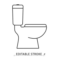 Toilet icon in minimal linear style. Symbol of bathroom, sanitation, plumbing, hygiene, WC or restroom. Editable stroke.