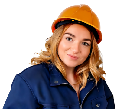 Young Woman Wearing Safety Gear with Helmet and Blue Jacket in Industrial Setting