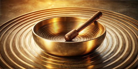 A golden singing bowl sits gracefully on a circular, textured surface. A wooden mallet lies beside it, ready for sound healing sessions. The warm glow enhances the peaceful atmosphere