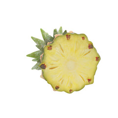 A cross-section of a pineapple showcasing its vibrant yellow interior and green leaves.