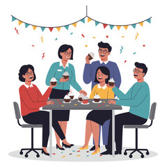 Group of five colleagues enjoying cupcakes in an office celebration