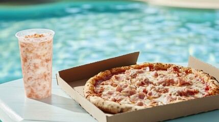 A tempting pizza paired with a refreshing drink, beautifully presented next to a sparkling pool, creating a perfect imagery of relaxation and indulgence in leisure.
