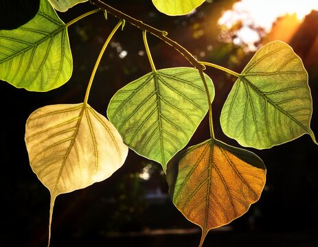 bodhi leaves background in sun light abd dark background also known as pipal leaves and bo leaves