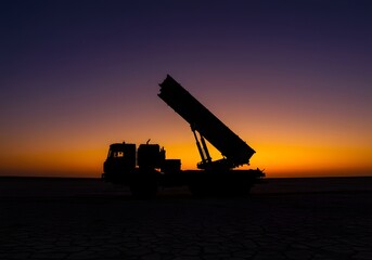Silhouette of a missile launcher against a dusky sky over barren terrain, symbolizing military readiness