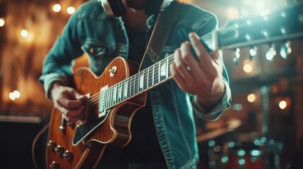 A guitarist passionately strumming in a warmly-lit setting filled with twinkling lights, embodying the spirit of music and creativity in an intimate atmosphere.