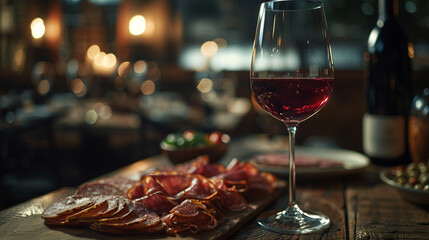 A single glass of red wine with charcuterie under a low spotlight in a moody, intimate dining room.