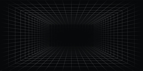 Futuristic perspective grid box. Abstract wireframe with white grid line on black background. Virtual reality landscape in 80s 90s digital style. Vector