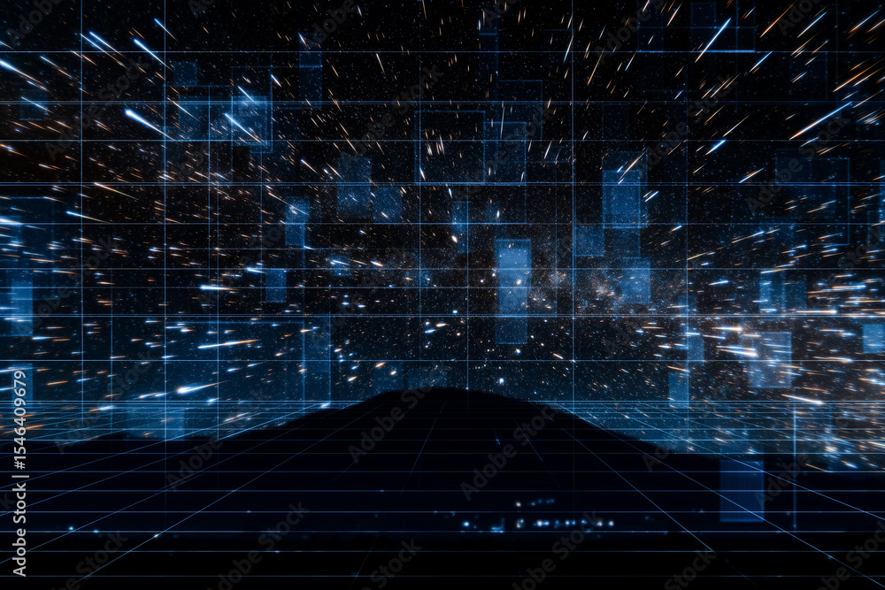 Fototapete Glowing digital landscape features grid lines and starfield, creating a sense of depth and movement. Dark background highlights the vibrant blue elements