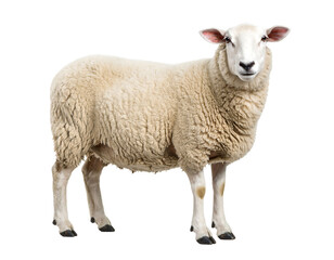 Obraz premium Fluffy White Sheep Standing Proudly on Black Background Capturing Natural Animal Beauty and Grace