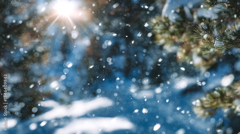 Aufkleber snowflakes fall softly in tranquil winter forest, sunlight shining through trees creating a sparklin