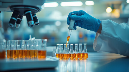 The scientist is holding test tubes and making various changes in the lab