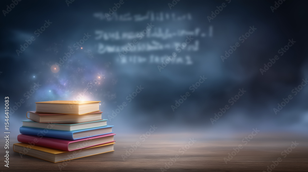 Aufkleber colorful books stacked neatly with a soft glow emanating from the top. the dark background enhances 