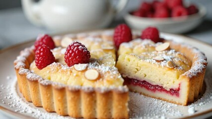 Close-up of raspberry almond tart with golden crust, fruit layer and sugar topping, delicious homemade dessert with fresh raspberries for bakery menu, patisserie promotion or culinary content - Powered by Adobe