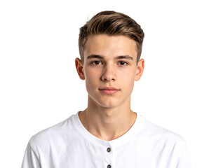 Young male model with neutral expression wearing casual white t-shirt isolated on black background