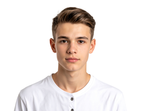 Young male model with neutral expression wearing casual white t-shirt isolated on black background - Powered by Adobe