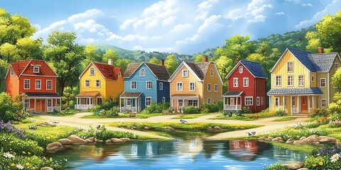 Obraz premium Discover a tranquil scene of vibrant houses reflecting in a peaceful pond, nestled among lush trees. Perfect for home decor and nature enthusiasts.