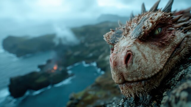 A stunning close-up of a dragon against a captivating coastal landscape, blending fantasy with nature to create a dramatic and immersive experience for the viewer.