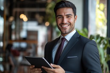 Latin American businessman dressed in formal attire holding a tablet and smiling confidently in a modern and professional office. The image represents business, technology, and professionalism