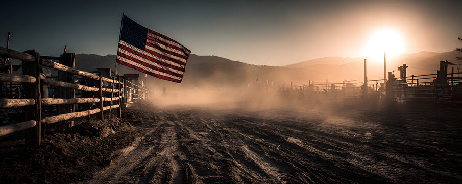 American Flag at Sunset in Rustic Rodeo Arena with Dusty Ground