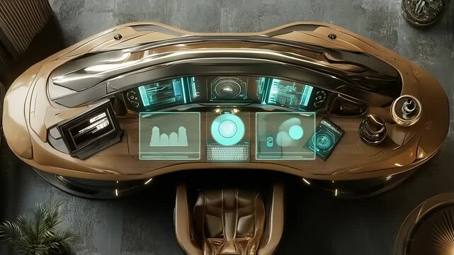 Futuristic workspace featuring advanced technology and sleek design in a modern office setting