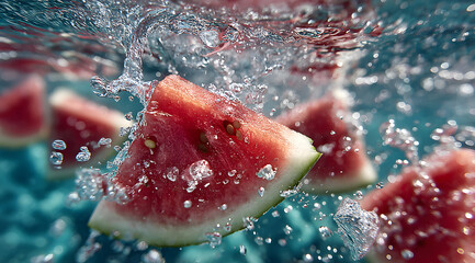 National Watermelon Day, Refreshing Splashes Watermelon Slices Dancing In crystal clear Water On Sunny Day, Photo Image Picture Photography