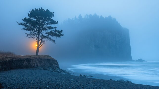 Misty coastal scene with a lone tree illuminated by a warm light against a backdrop of foggy cliffs and a rocky beach