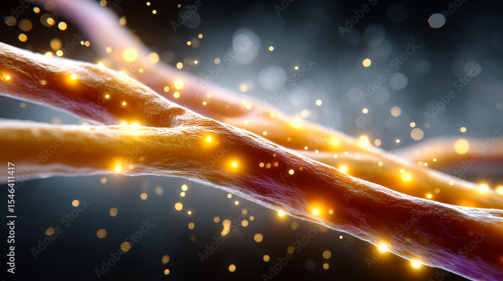 Poster glowing cells intertwine in a dark background, creating a dynamic display of biological activity. de
