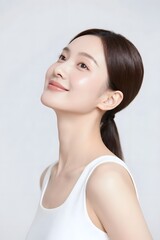 Natural Beauty Woman Smiling Upward &ndash; Skincare and Wellness Concept