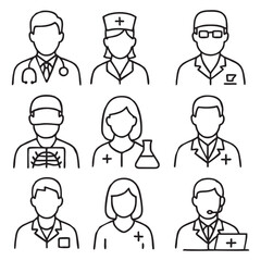 Black and White Outline Vector Icons of Healthcare Professionals – Medical Staff Roles Line Art Set