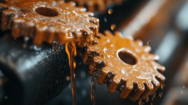 A close-up of interlocking gears with a rich brown liquid cascading down, highlighting the intricate details of machinery in motion.