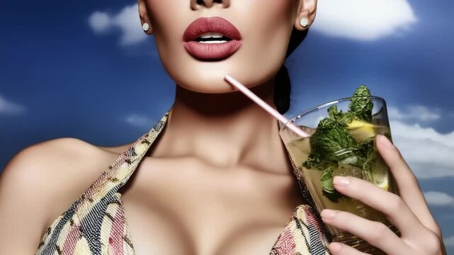 A close-up of an attractive woman sipping a delicious summer cocktail with mint leaves. She is wearing a trendy dress and has beautiful makeup. The background is sky blue.
