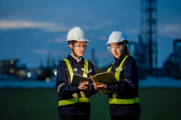 Two Engineers Working a Night Shift with a Laptop at an Industrial Plant. Two people wearing safety...