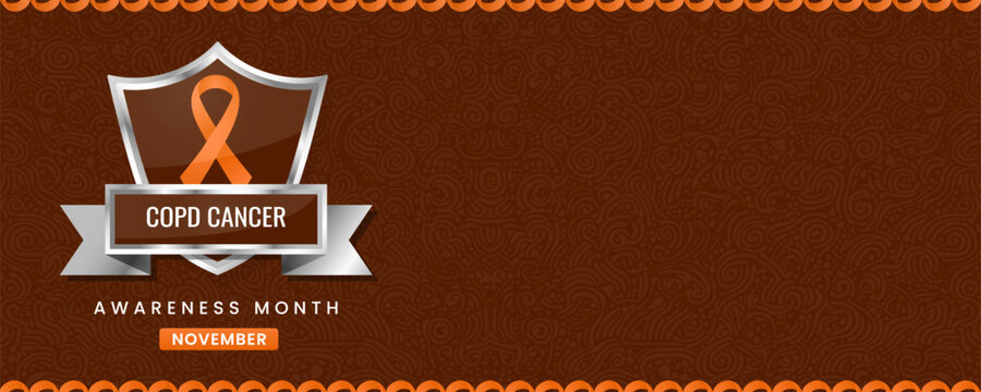 Vibrant COPD Cancer Awareness Month Banner with Orange Ribbon on Shield, Featuring Swirl Pattern Background for November Health Campaigns and Support.